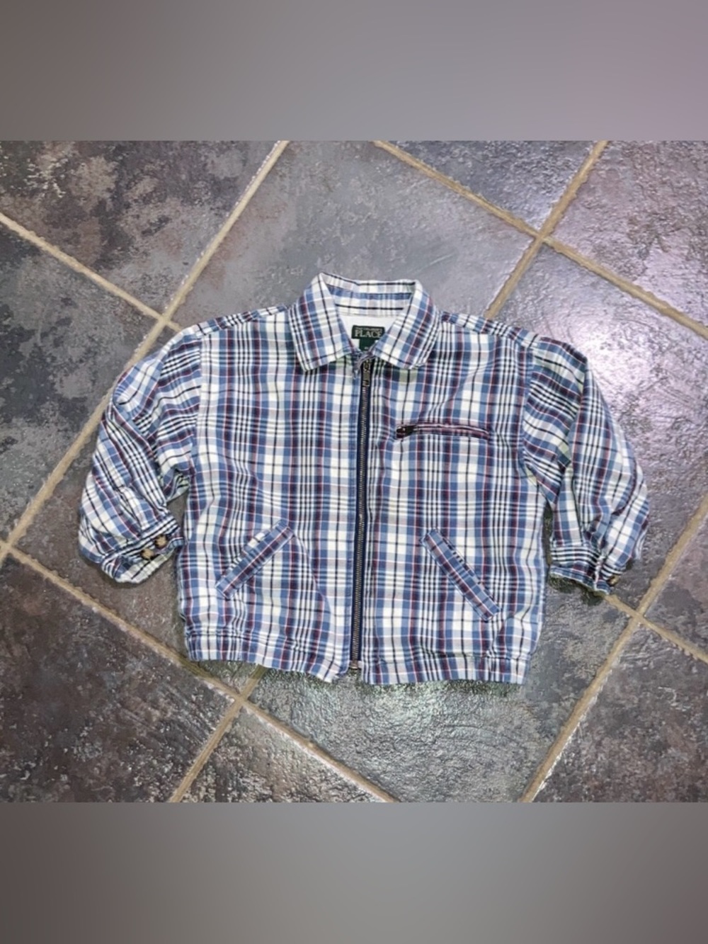 The Children’s Place Plaid Zip-Front Jacket in White, Blue & Red Size 4T